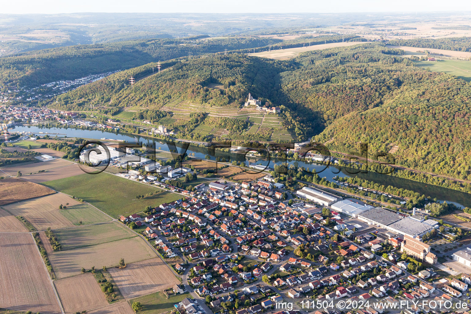 Village on the banks of the area Neckar - river course in Hassmersheim in the state Baden-Wurttemberg, Germany