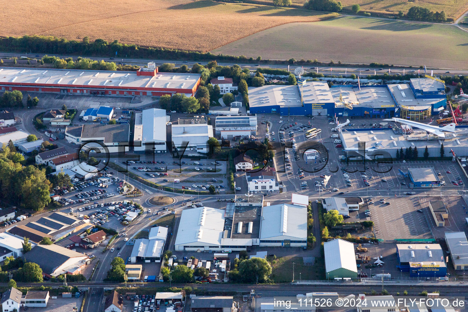 Aerial view of Technology Museum in the district Steinsfurt in Sinsheim in the state Baden-Wuerttemberg, Germany