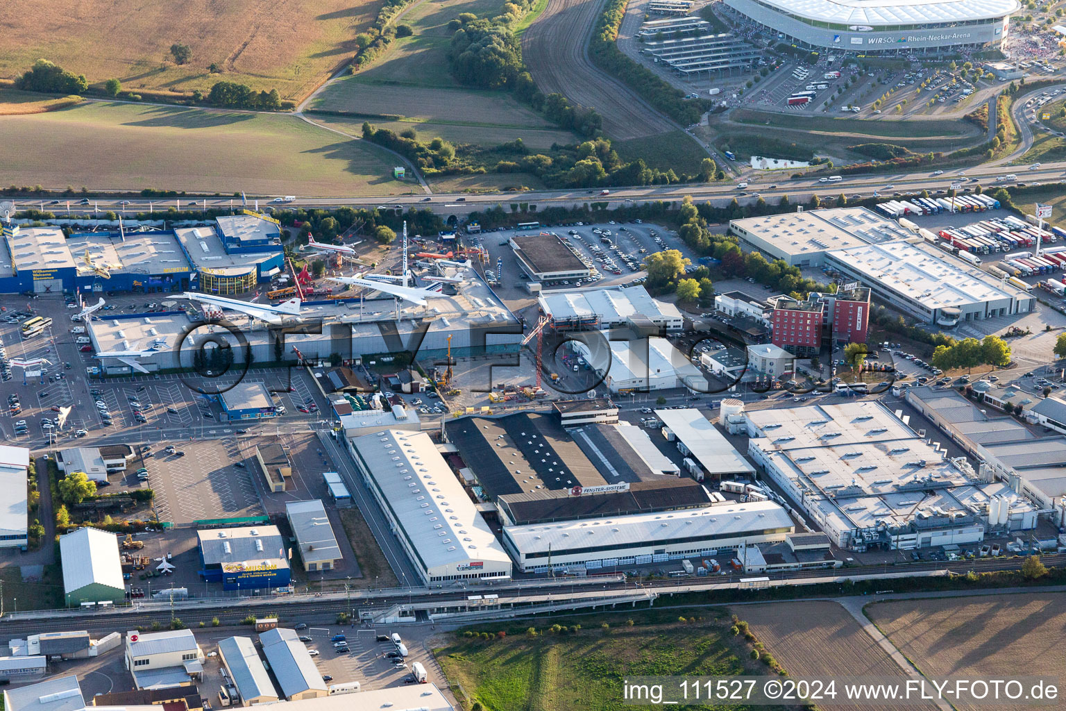 Aerial photograpy of Technology Museum in the district Steinsfurt in Sinsheim in the state Baden-Wuerttemberg, Germany