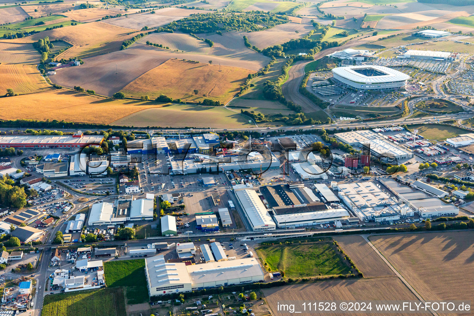 Oblique view of Technology Museum in the district Steinsfurt in Sinsheim in the state Baden-Wuerttemberg, Germany