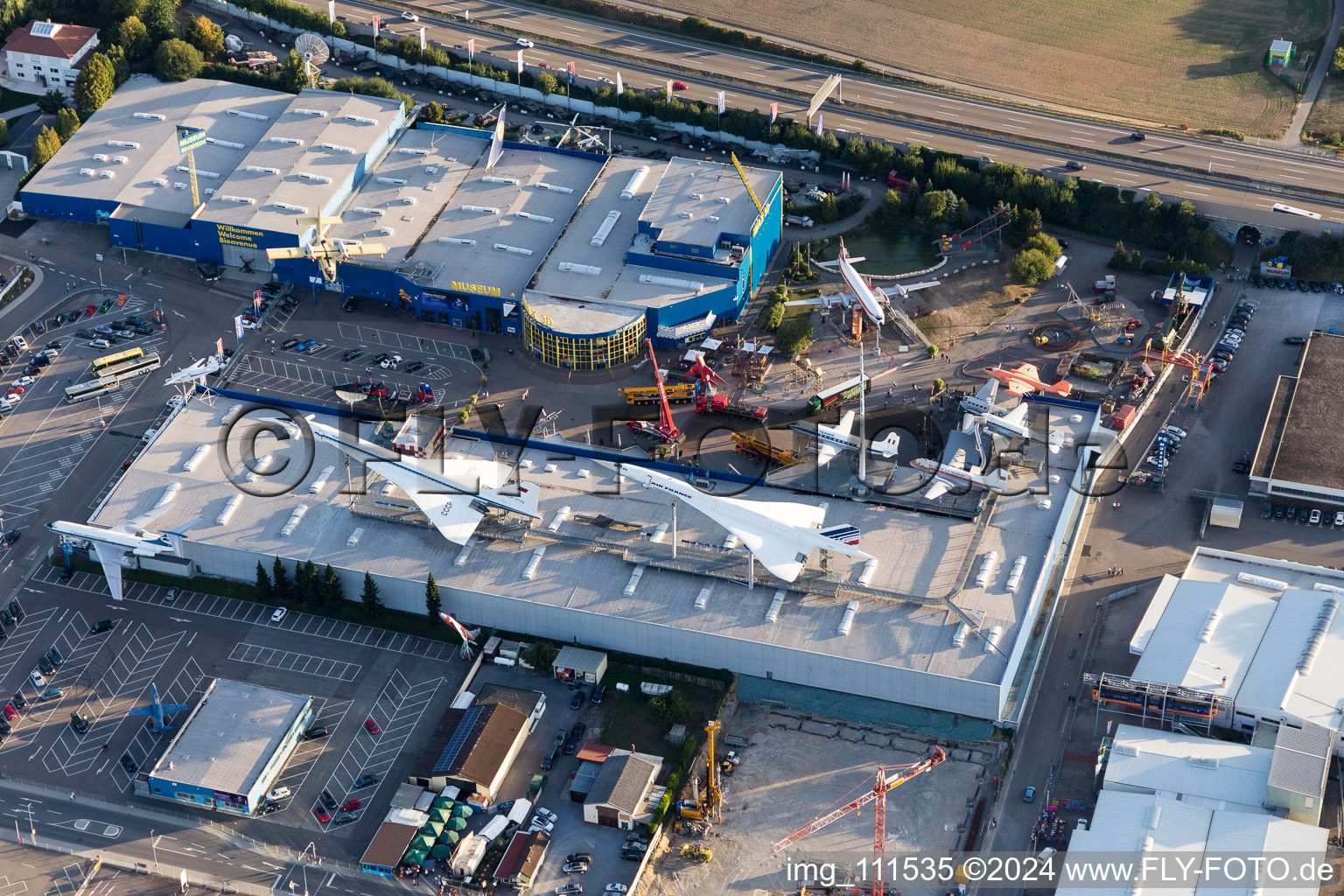 Aerial view of Museum building ensemble Auto & Technik MUSEUM SINSHEIM in the district Steinsfurt in Sinsheim in the state Baden-Wurttemberg, Germany