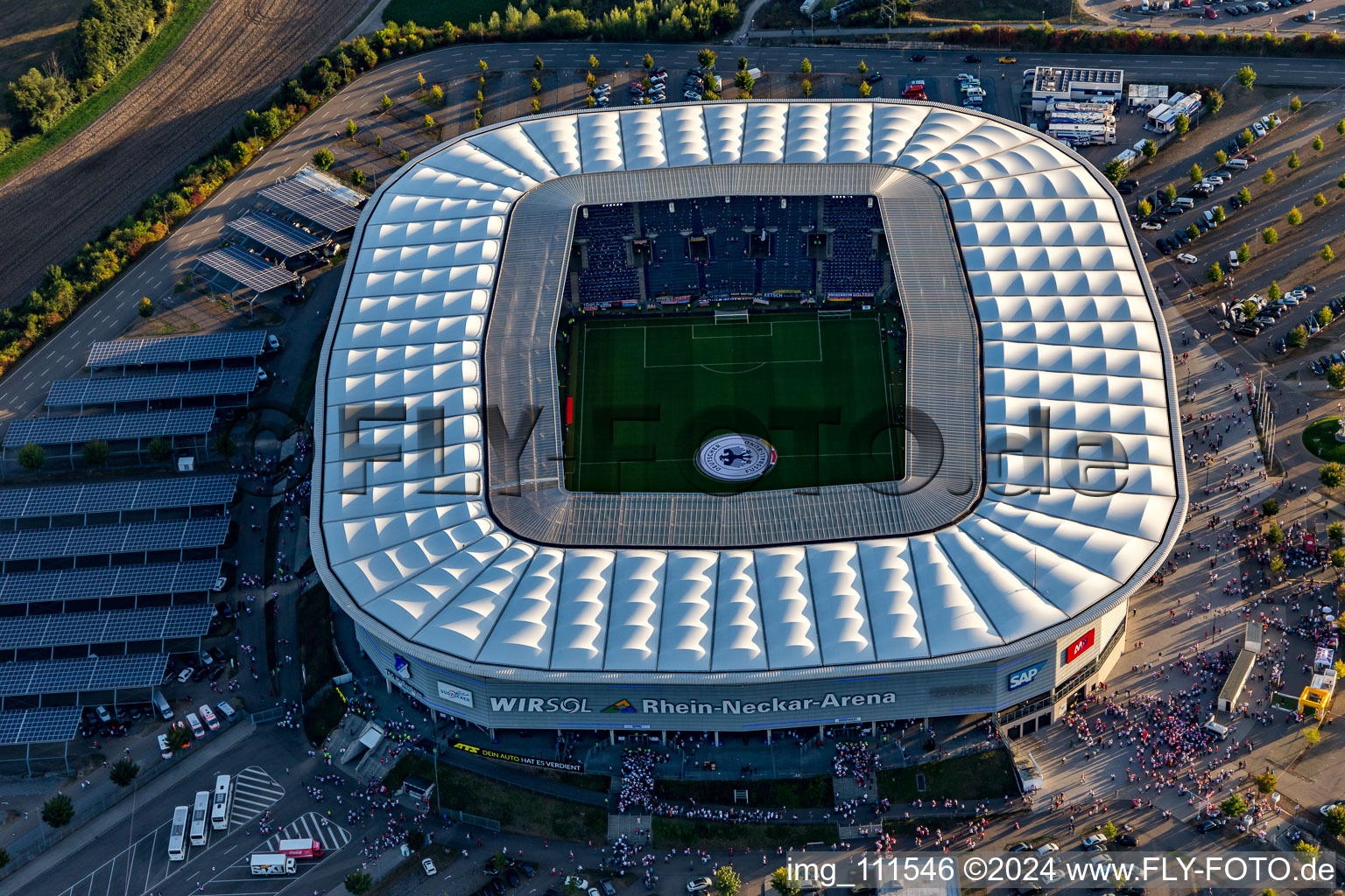 Aerial view of Sports facility grounds of the Arena stadium WIRSOL Rhein-Neckar-Arena an der Dietmar-Hopp-Strasse in Sinsheim in the state Baden-Wurttemberg