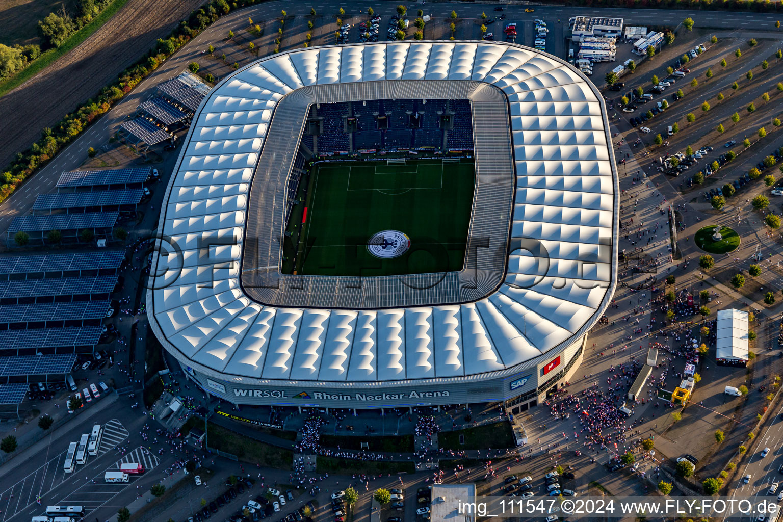 Aerial view of WIRSOL Rhein-Neckar-Arena before the sold-out friendly match Peru-Germany in the district Steinsfurt in Sinsheim in the state Baden-Wuerttemberg, Germany