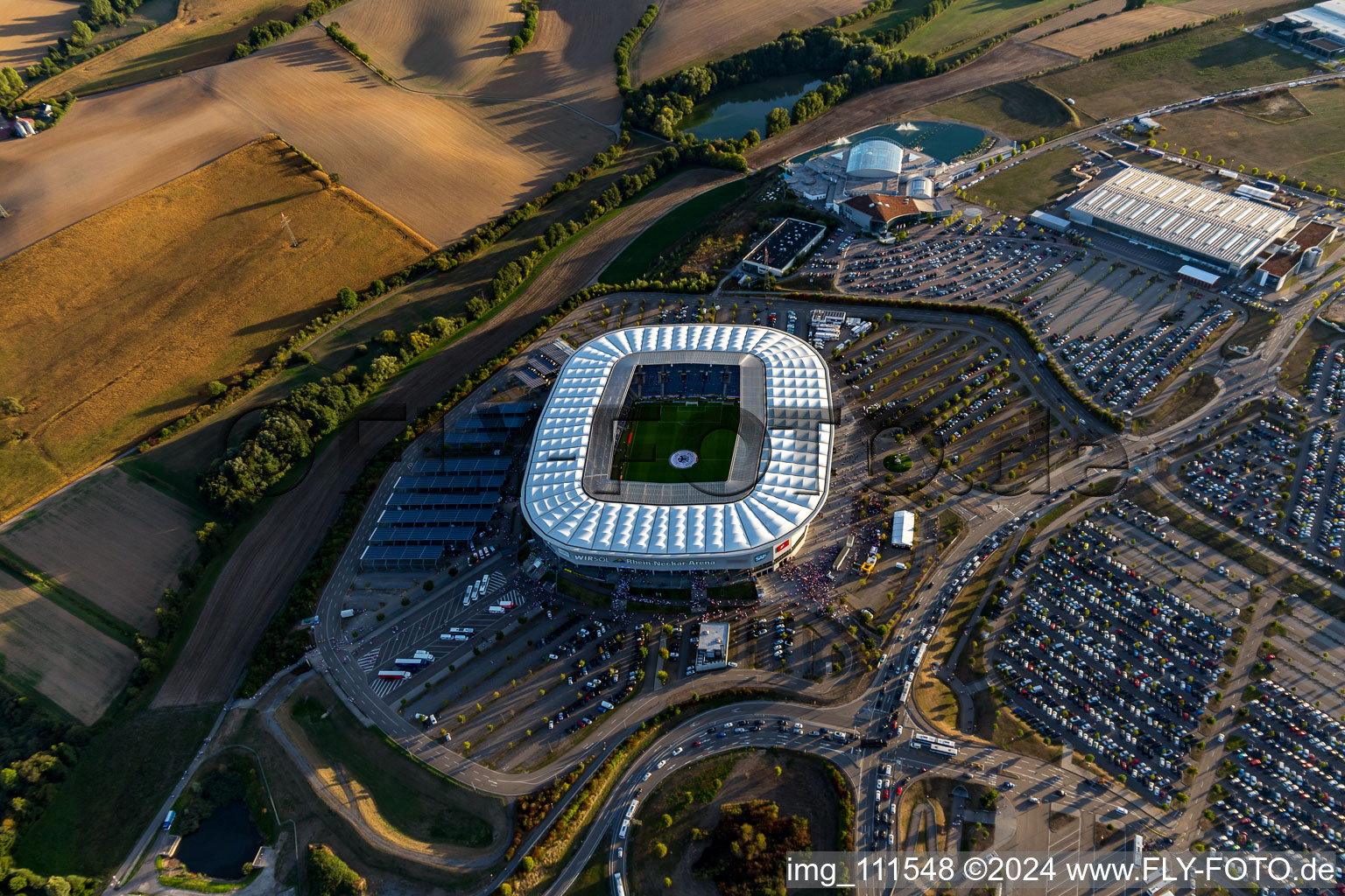 Aerial photograpy of WIRSOL Rhein-Neckar-Arena before the sold-out friendly match Peru-Germany in the district Steinsfurt in Sinsheim in the state Baden-Wuerttemberg, Germany