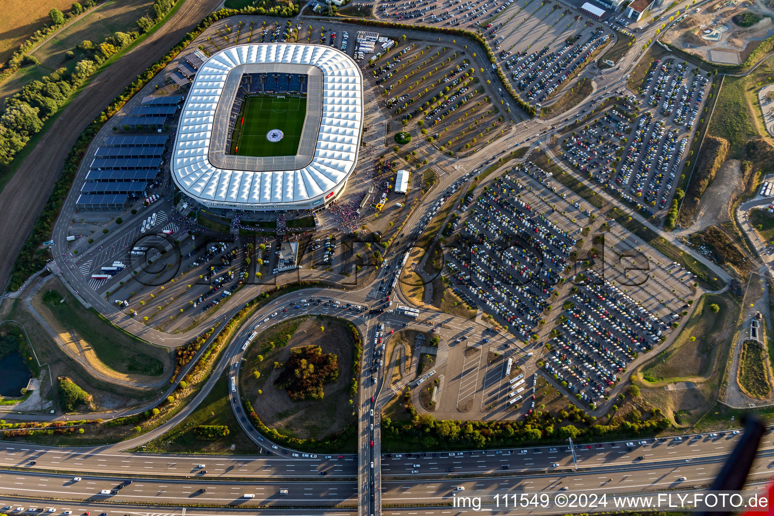 Oblique view of WIRSOL Rhein-Neckar-Arena before the sold-out friendly match Peru-Germany in the district Steinsfurt in Sinsheim in the state Baden-Wuerttemberg, Germany