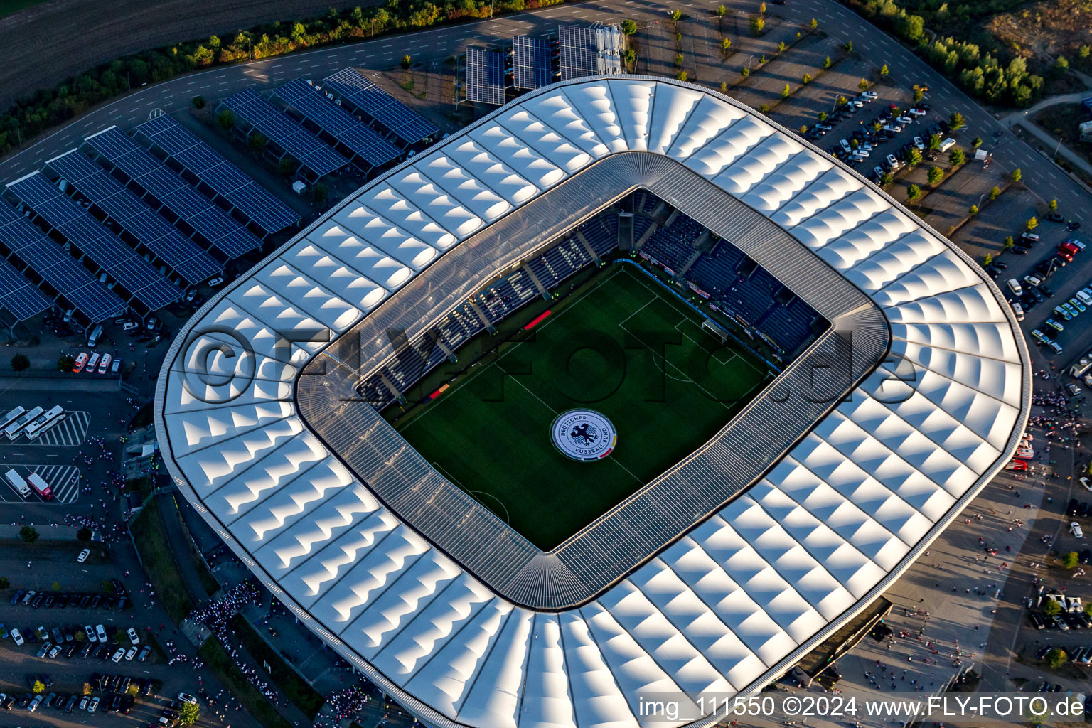 WIRSOL Rhein-Neckar-Arena before the sold-out friendly match Peru-Germany in the district Steinsfurt in Sinsheim in the state Baden-Wuerttemberg, Germany from above