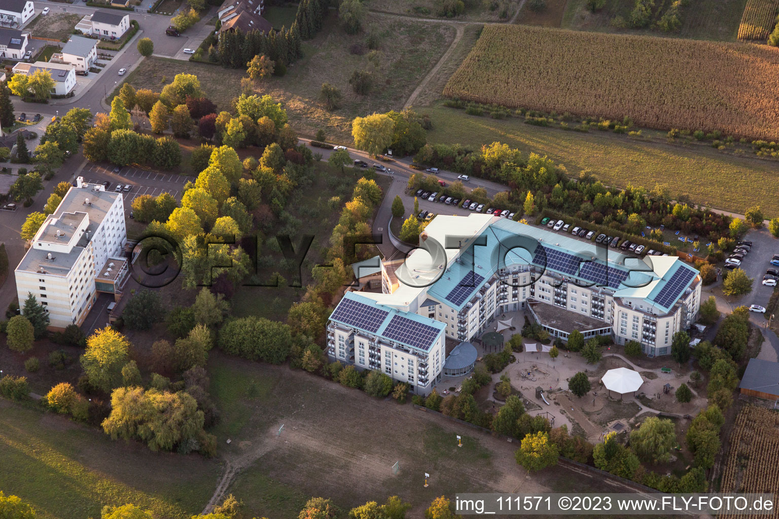 Aerial view of MiKiNa specialist clinic and Vitalis-Bad in the district Bad Langenbrücken in Bad Schönborn in the state Baden-Wuerttemberg, Germany