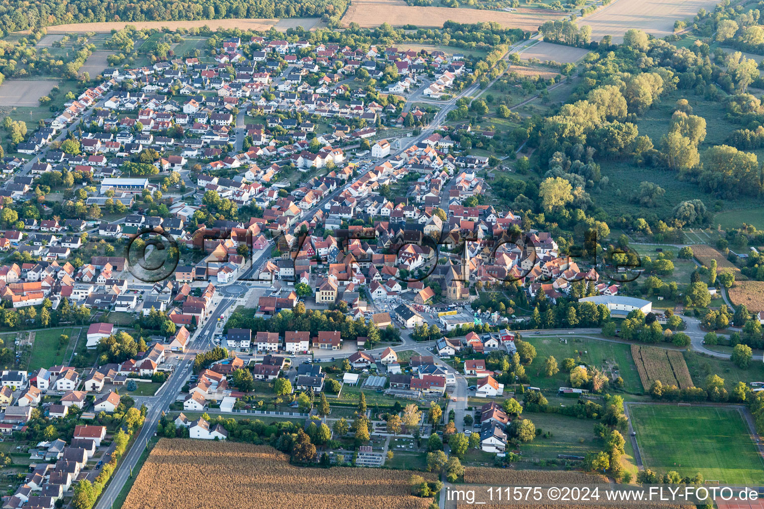 Aerial view of District Stettfeld in Ubstadt-Weiher in the state Baden-Wuerttemberg, Germany