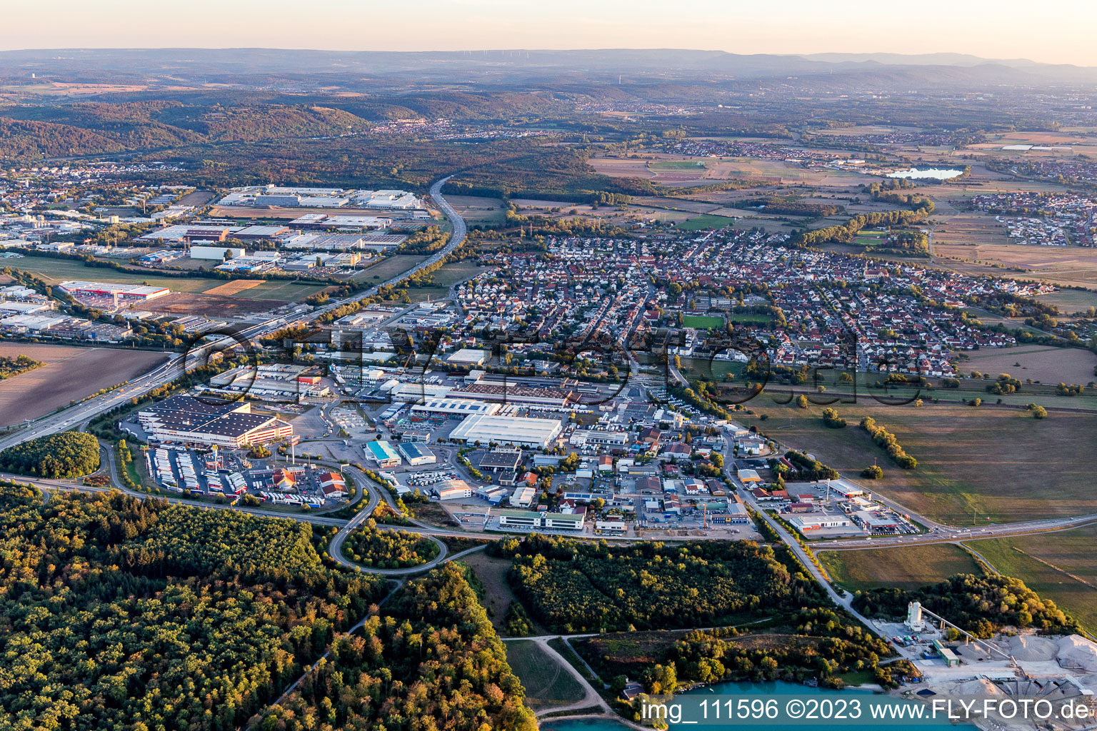 Aerial view of District Karlsdorf in Karlsdorf-Neuthard in the state Baden-Wuerttemberg, Germany