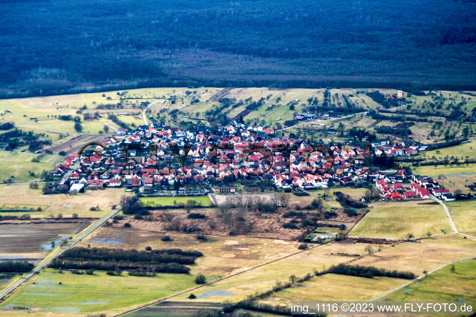 District Büchelberg in Wörth am Rhein in the state Rhineland-Palatinate, Germany seen from a drone