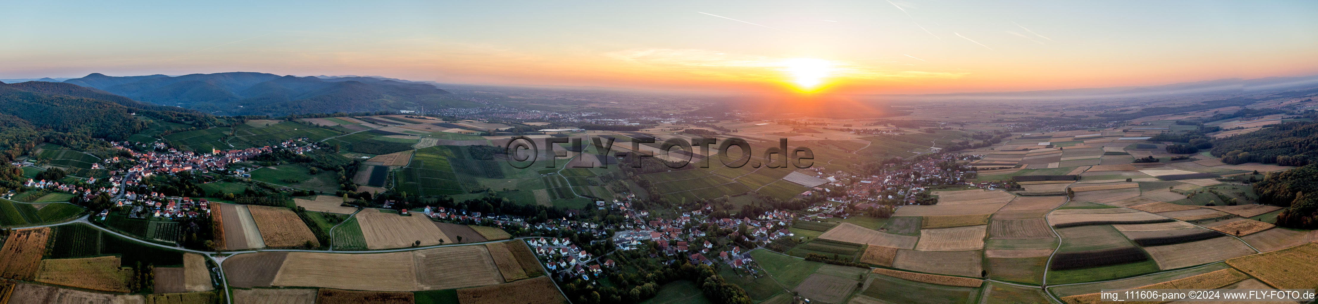 Panoramic perspective of village view at sunrise in Oberhoffen-les-Wissembourg in Grand Est, France