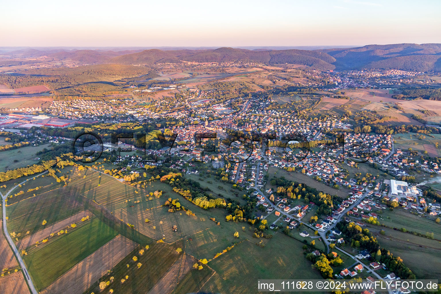 Aerial view of Town View of the streets and houses of the residential areas in Reichshoffen in Grand Est, France