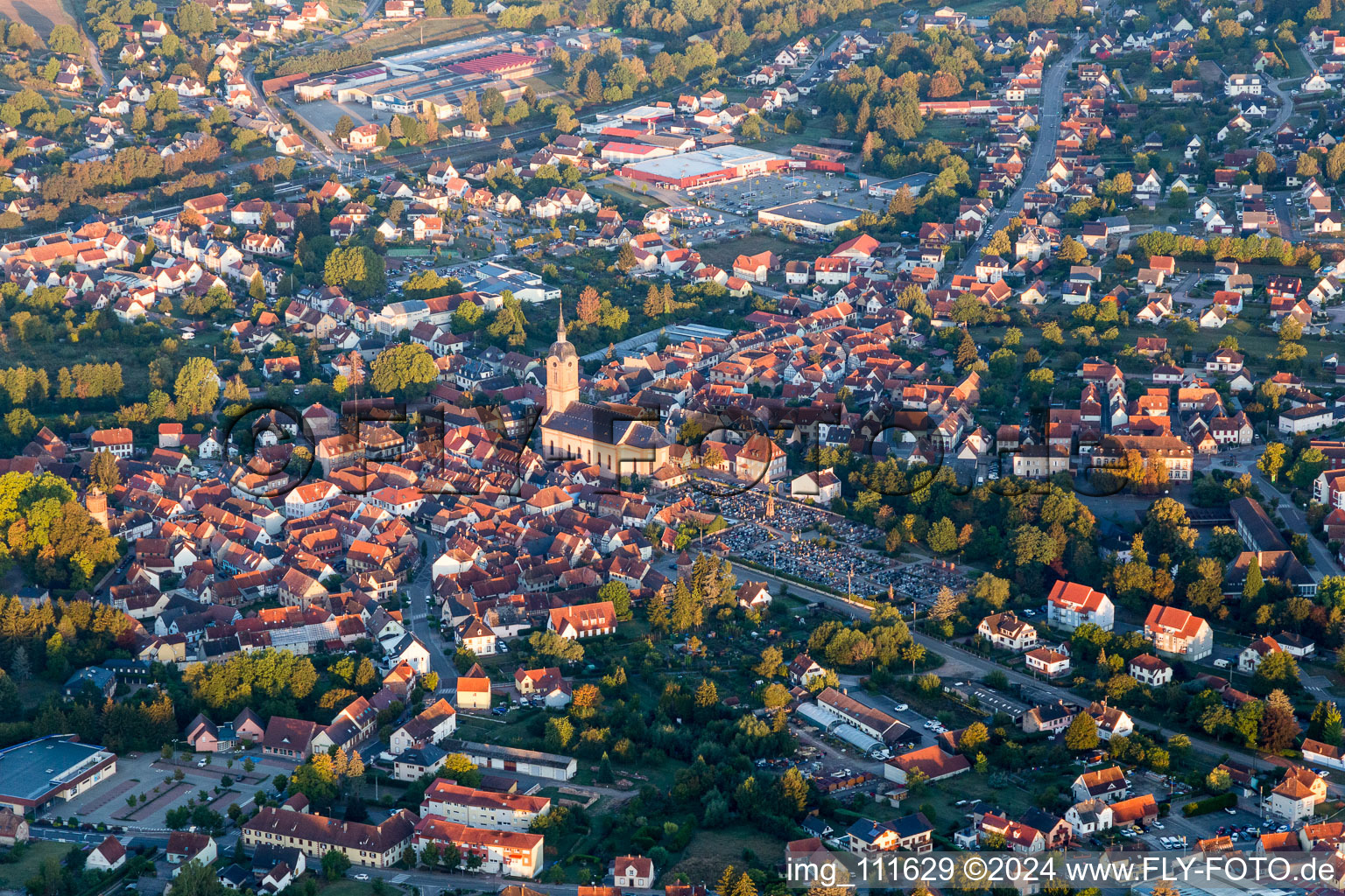 Aerial photograpy of Town View of the streets and houses of the residential areas in Reichshoffen in Grand Est, France