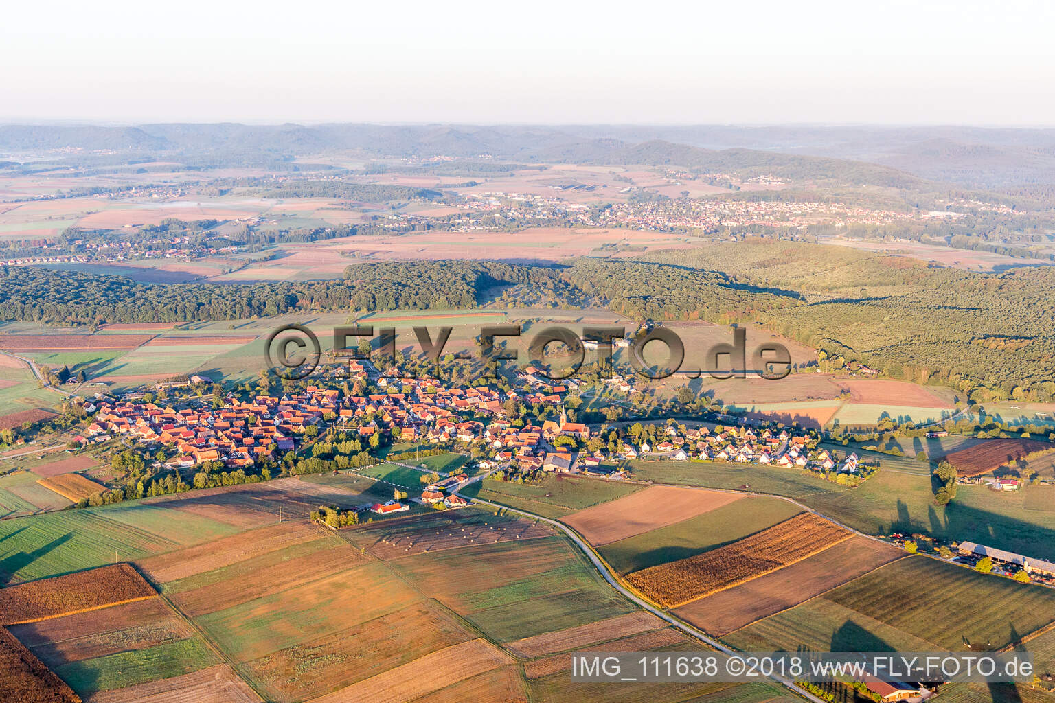 Aerial view of Schillersdorf in the state Bas-Rhin, France