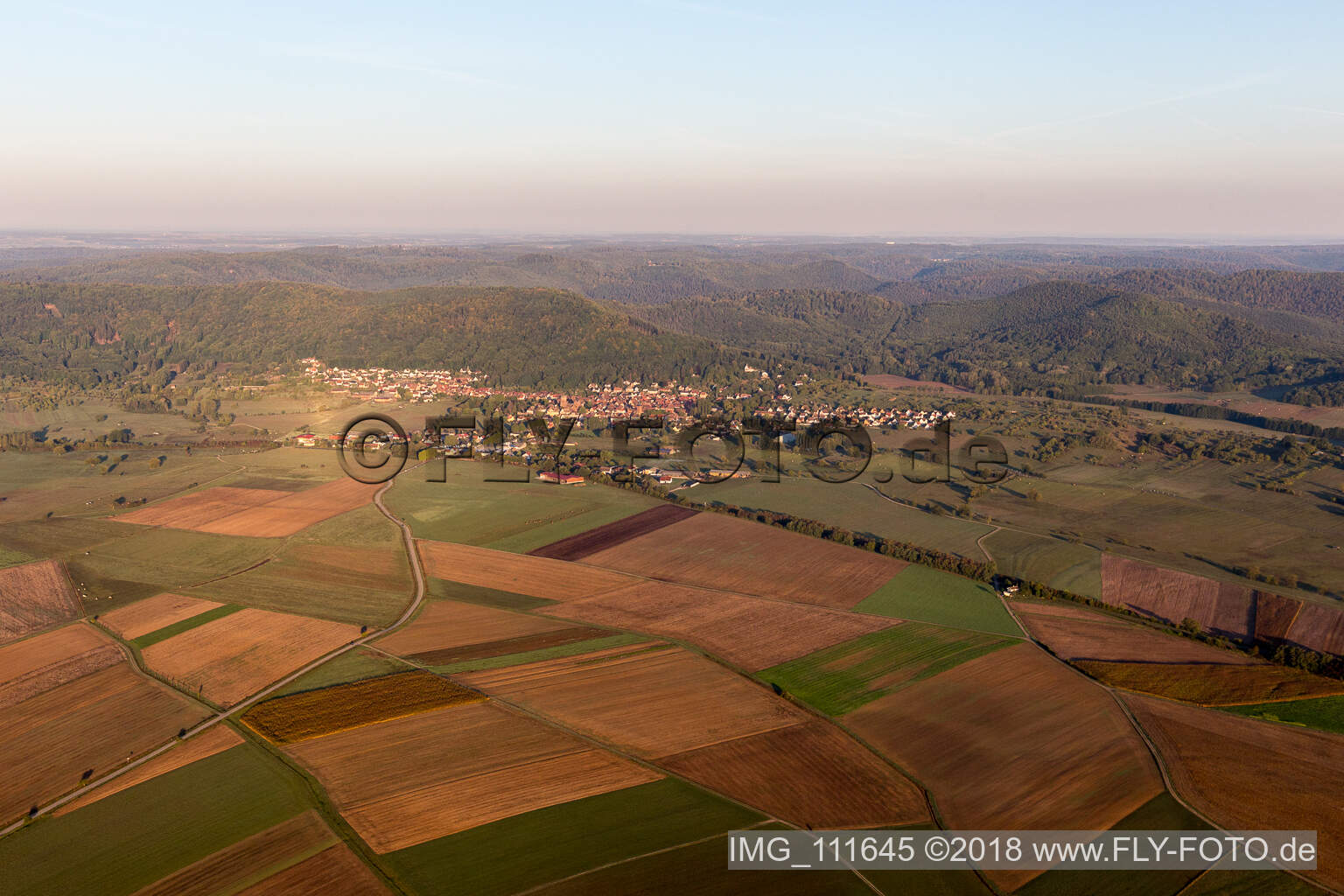 Neuwiller-lès-Saverne in the state Bas-Rhin, France from a drone