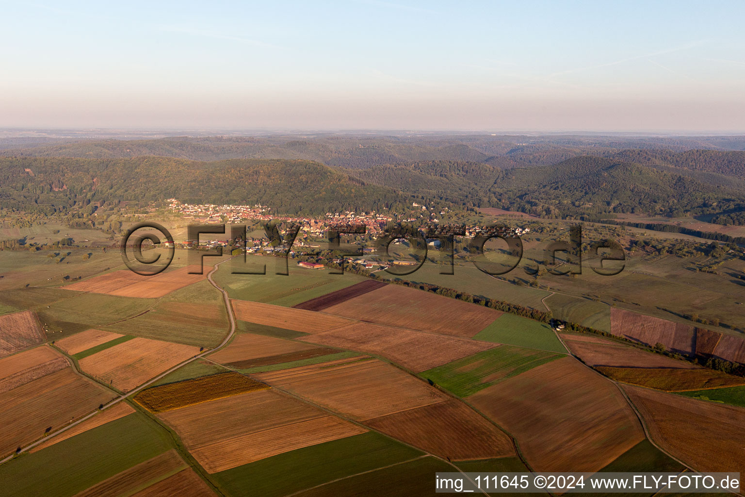 Neuwiller-lès-Saverne in the state Bas-Rhin, France from a drone