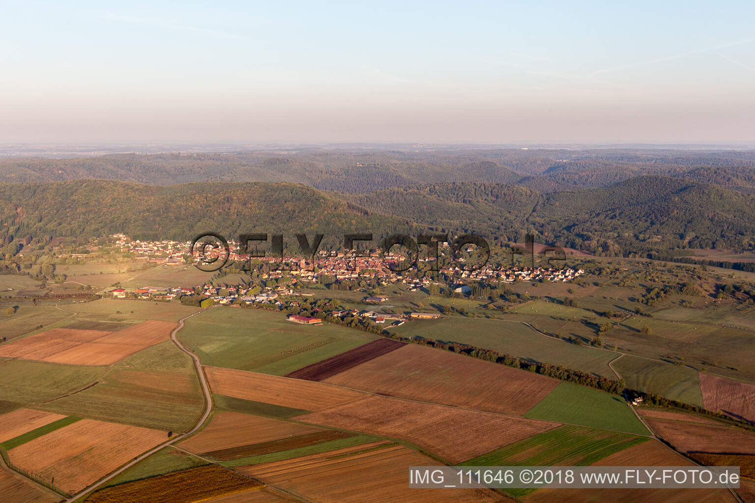 Neuwiller-lès-Saverne in the state Bas-Rhin, France seen from a drone