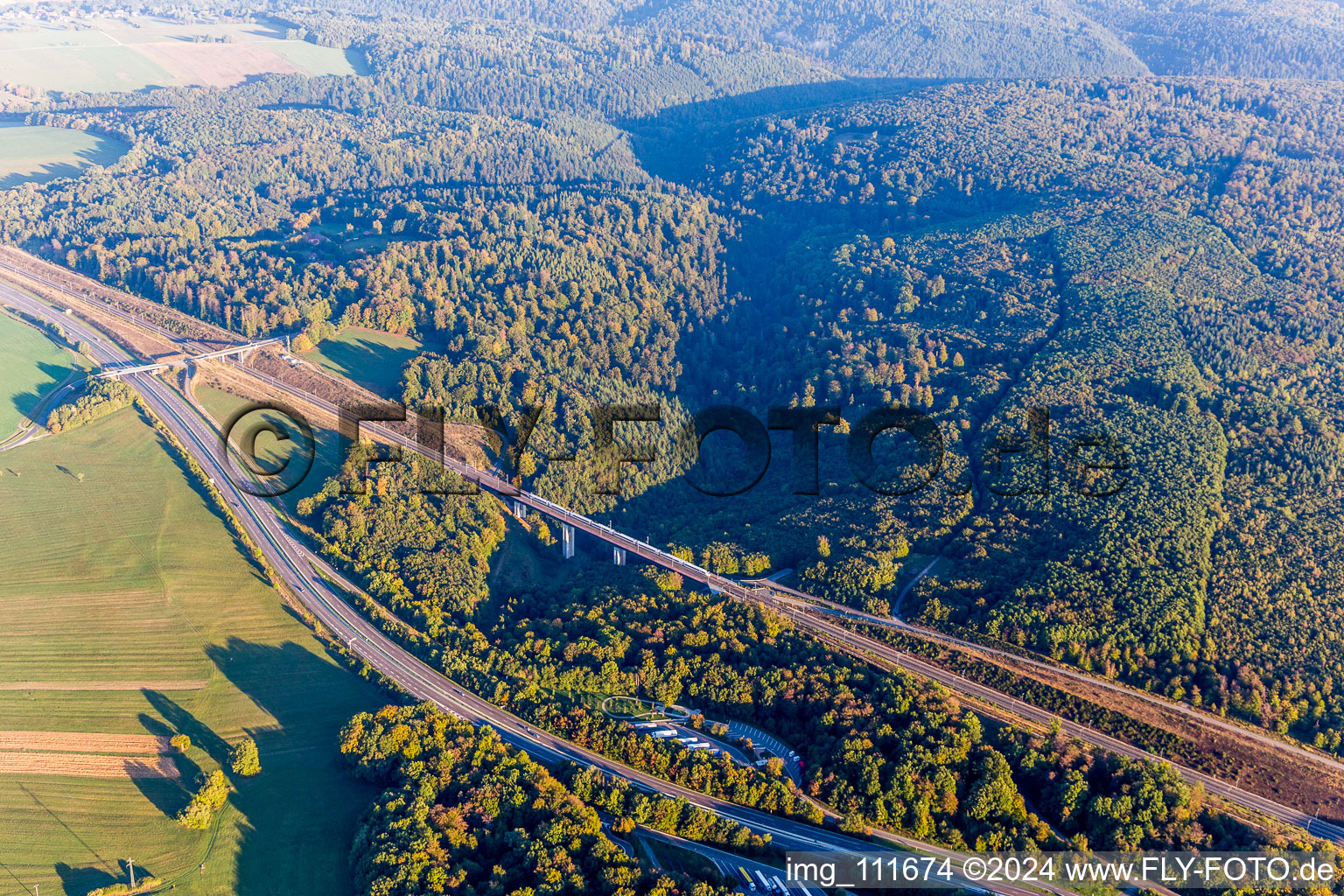 Les Quatre Vents, A4 and TGV over the Vosges in Eckartswiller in the state Bas-Rhin, France