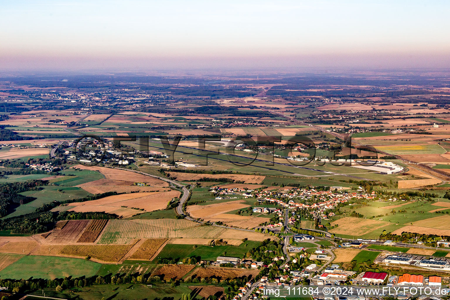 Runway with hangar taxiways and terminals on the grounds of the military airport Phalsbourg in Phalsbourg in Grand Est, France