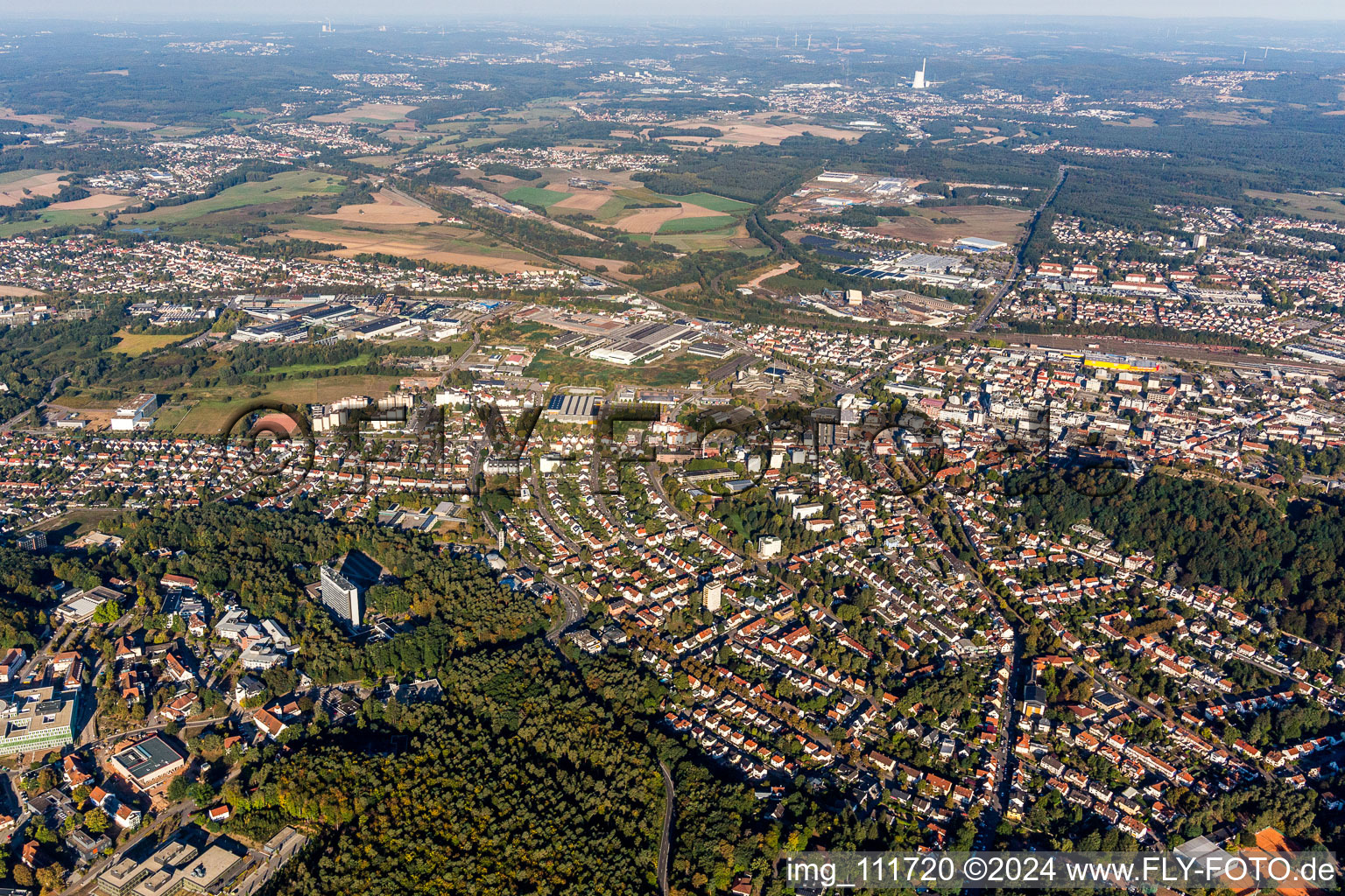 Aerial view of Town View of the streets and houses of the residential areas in Homburg in the state Saarland, Germany