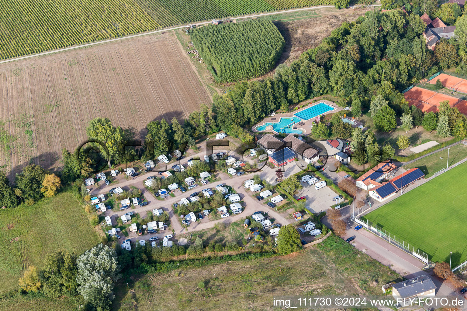 Aerial view of Outdoor swimming pool and campsite in the Klingbachtal in the district Klingen in Heuchelheim-Klingen in the state Rhineland-Palatinate, Germany