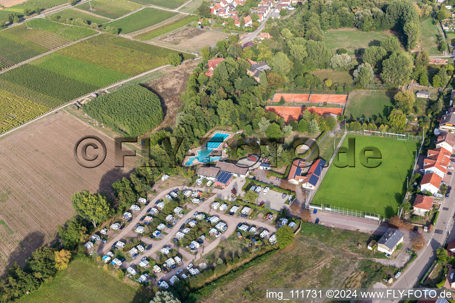 Aerial photograpy of Outdoor pool and campsite in Klingbachtal in the district Klingen in Heuchelheim-Klingen in the state Rhineland-Palatinate, Germany