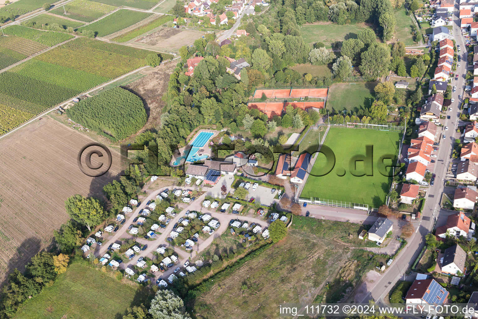 Oblique view of Outdoor pool and campsite in Klingbachtal in the district Klingen in Heuchelheim-Klingen in the state Rhineland-Palatinate, Germany