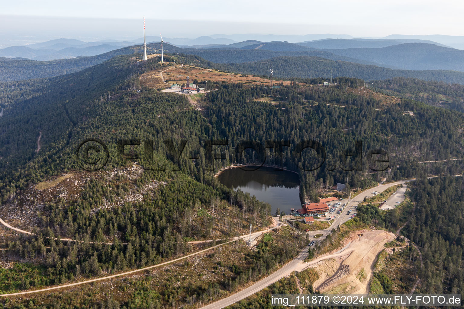 Rocky and mountainous landscape Hornisgrinde over Mummelsee in Seebach in the state Baden-Wurttemberg, Germany