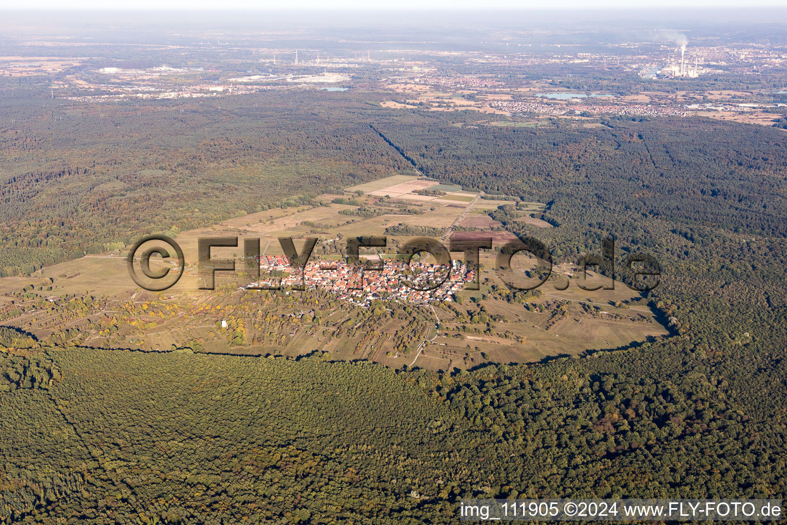 Aerial view of District Büchelberg in Wörth am Rhein in the state Rhineland-Palatinate, Germany