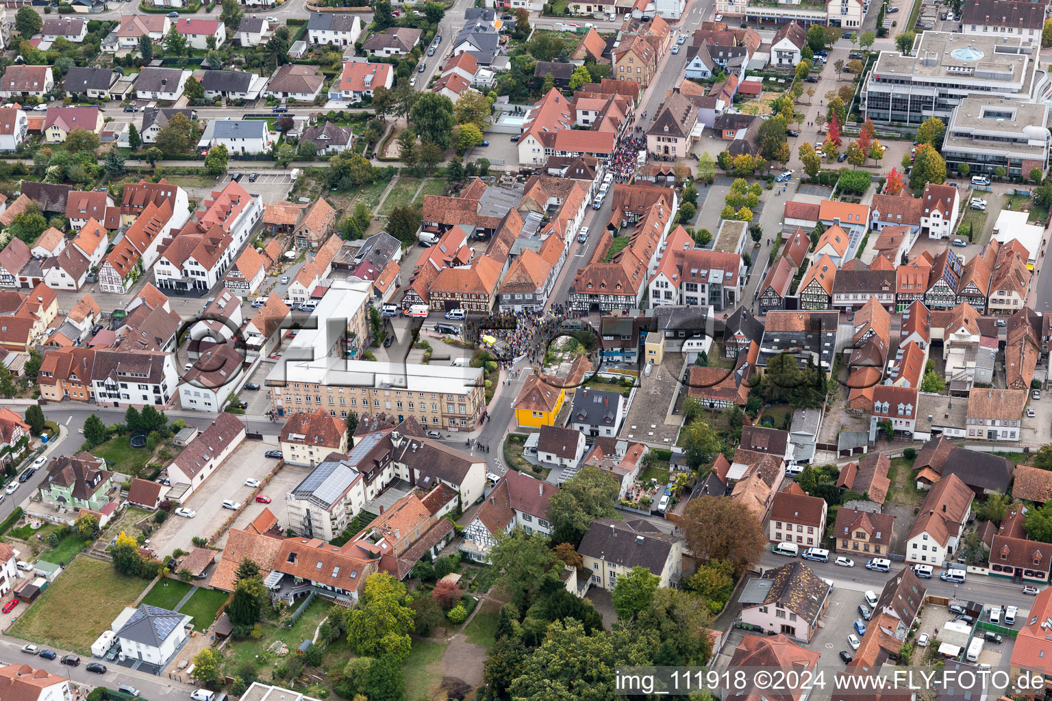 Aerial view of Demo “Women’s Alliance Kandel” vs. “AntiFa/We are Kandel/Grandmas against the right in Kandel in the state Rhineland-Palatinate, Germany