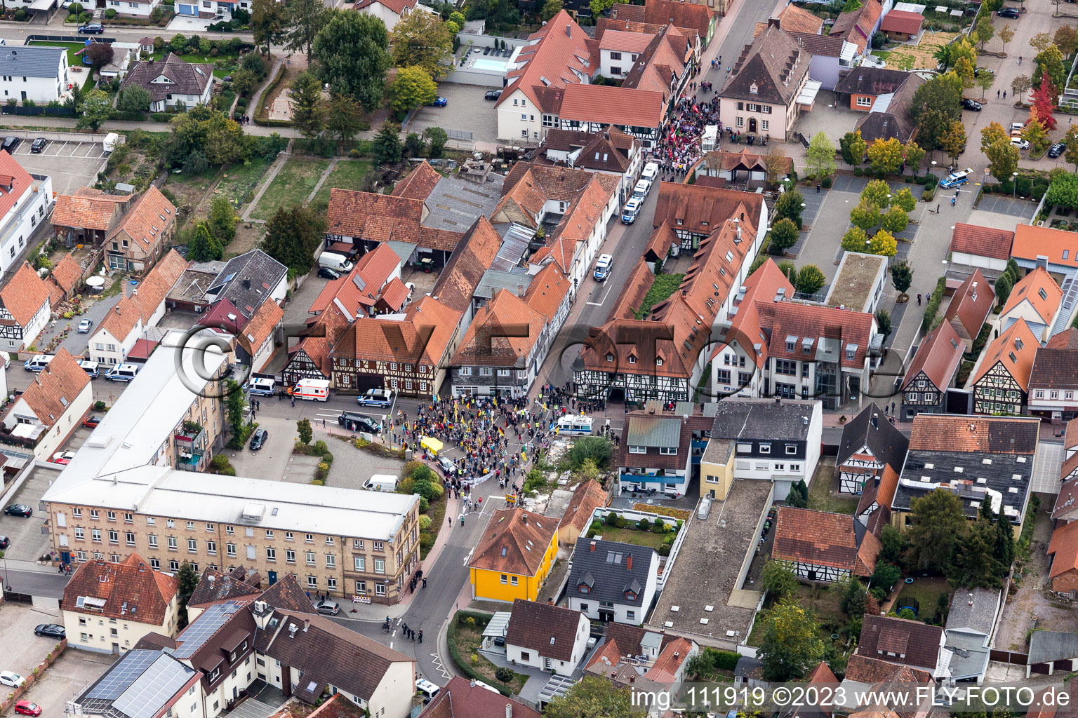 Aerial photograpy of Demo “Women’s Alliance Kandel” vs. “AntiFa/We are Kandel/Grandmas against the right in Kandel in the state Rhineland-Palatinate, Germany