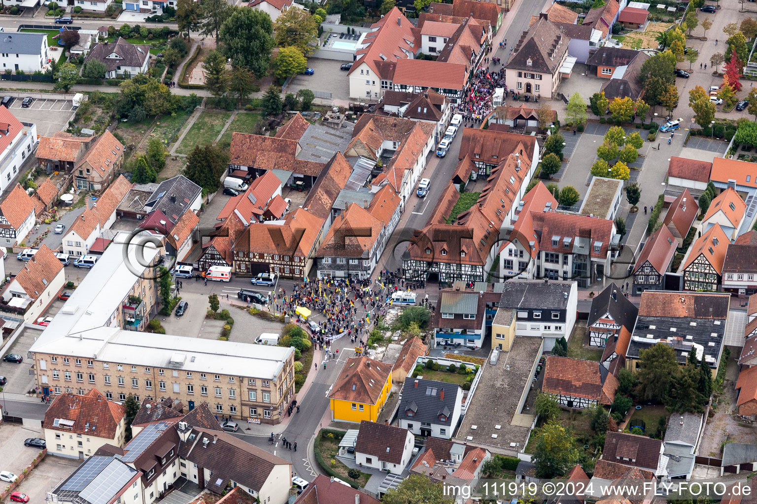 Aerial photograpy of Demo "Women's Alliance Kandel" vs. "AntiFa/We are Kandel/Grandmas against the right in Kandel in the state Rhineland-Palatinate, Germany