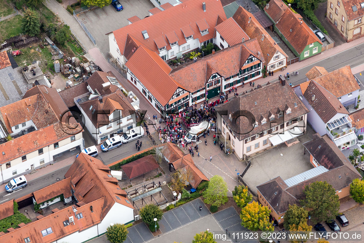 Demo “Women’s Alliance Kandel” vs. “AntiFa/We are Kandel/Grandmas against the right in Kandel in the state Rhineland-Palatinate, Germany from above