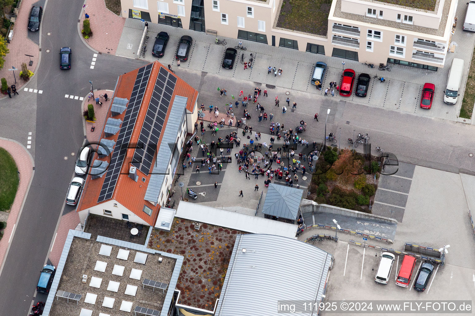 Demo “Women’s Alliance Kandel” vs. “AntiFa/We are Kandel/Grandmas against the right in Kandel in the state Rhineland-Palatinate, Germany seen from above