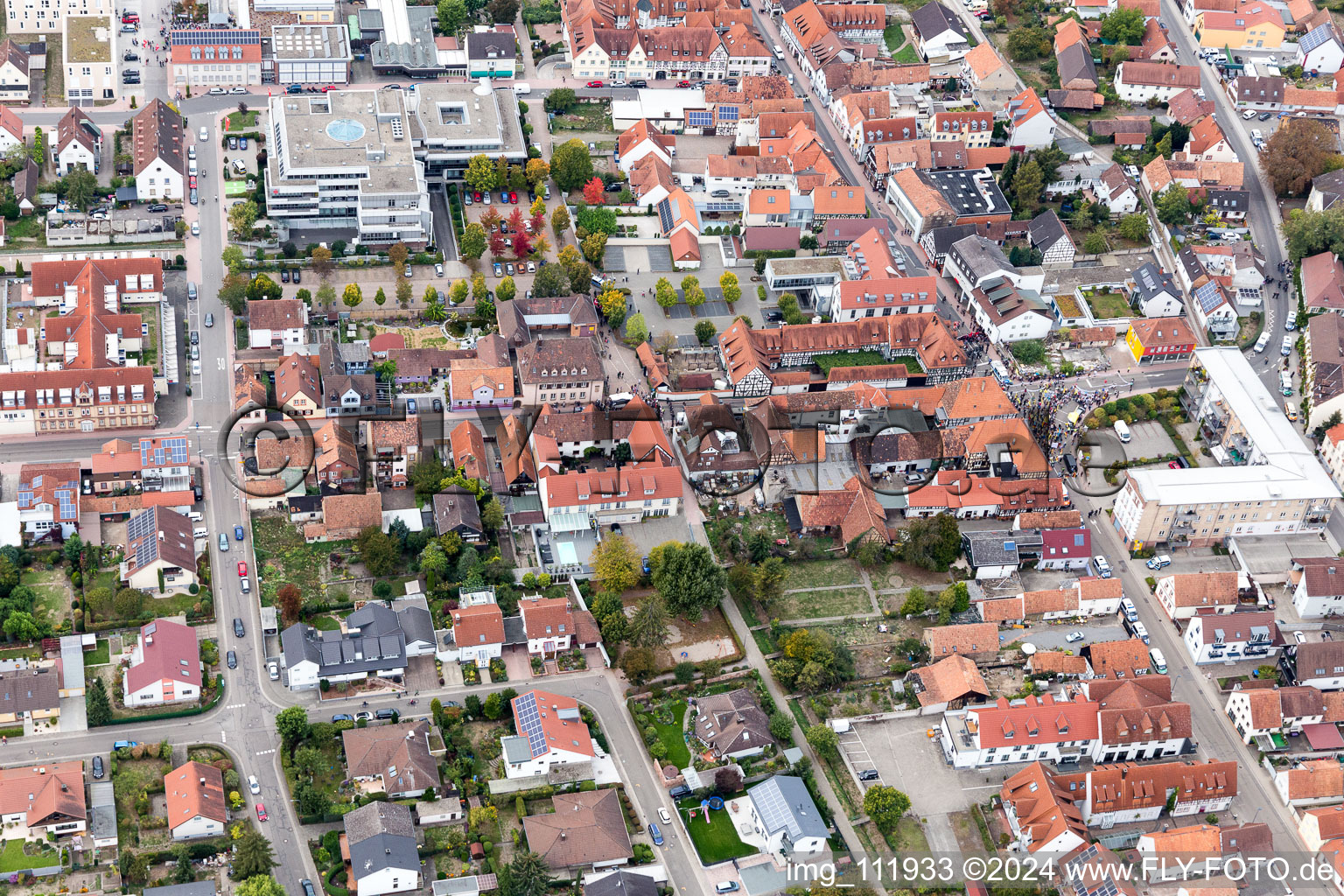 Drone image of Demo "Women's Alliance Kandel" vs. "AntiFa/We are Kandel/Grandmas against the right in Kandel in the state Rhineland-Palatinate, Germany