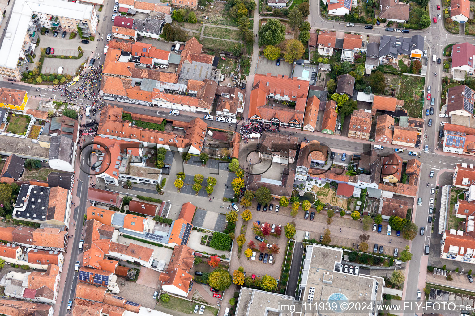 Demo “Women’s Alliance Kandel” vs. “AntiFa/We are Kandel/Grandmas against the right in Kandel in the state Rhineland-Palatinate, Germany from the drone perspective