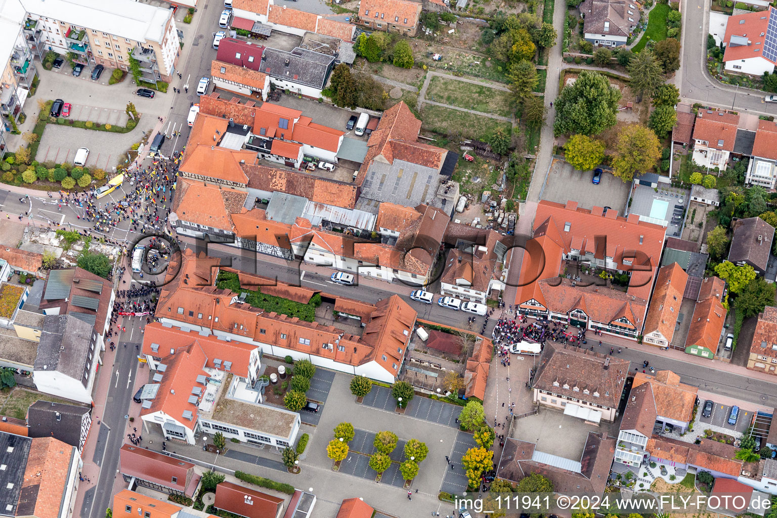 Demo "Women's Alliance Kandel" vs. "AntiFa/We are Kandel/Grandmas against the right in Kandel in the state Rhineland-Palatinate, Germany seen from a drone