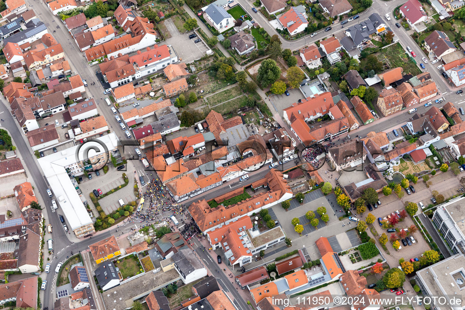 Bird's eye view of Demo “Women’s Alliance Kandel” vs. “AntiFa/We are Kandel/Grandmas against the right in Kandel in the state Rhineland-Palatinate, Germany