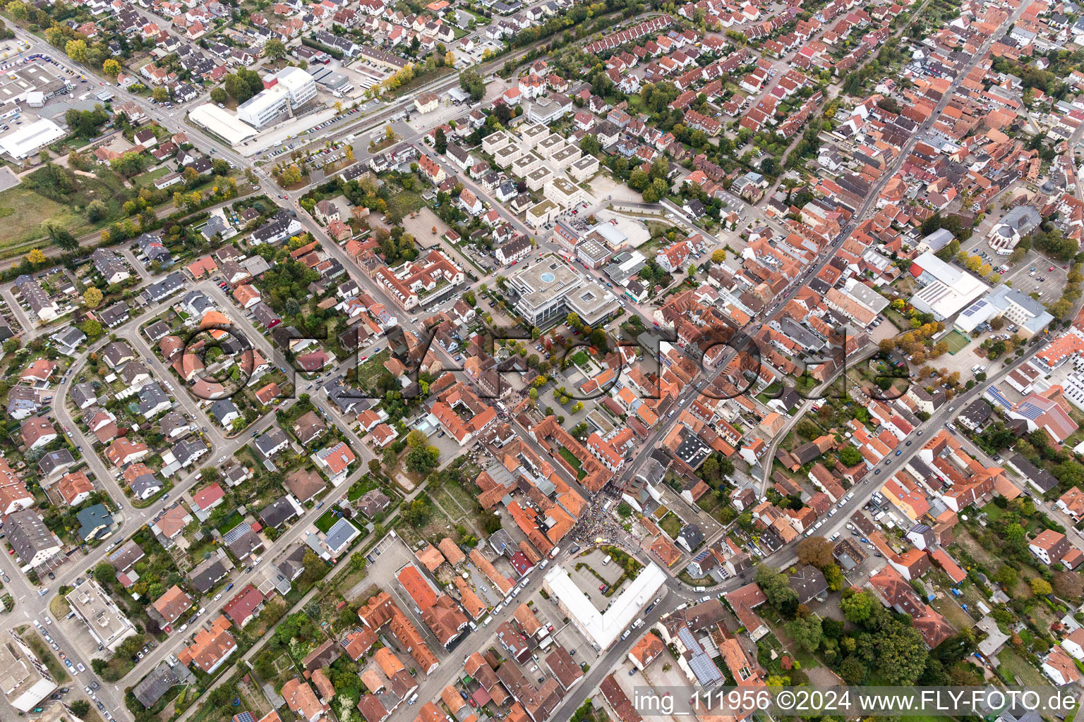 Demo “Women’s Alliance Kandel” vs. “AntiFa/We are Kandel/Grandmas against the right in Kandel in the state Rhineland-Palatinate, Germany from the drone perspective