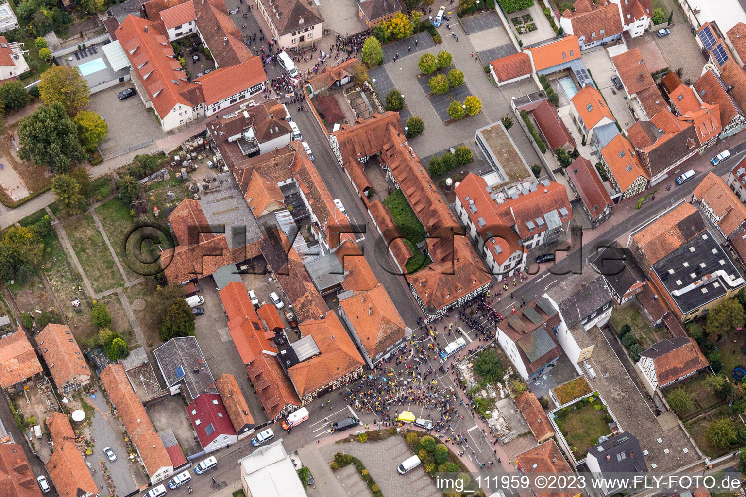 Aerial view of Demo “Women’s Alliance Kandel” vs. “AntiFa/We are Kandel/Grandmas against the right in Kandel in the state Rhineland-Palatinate, Germany