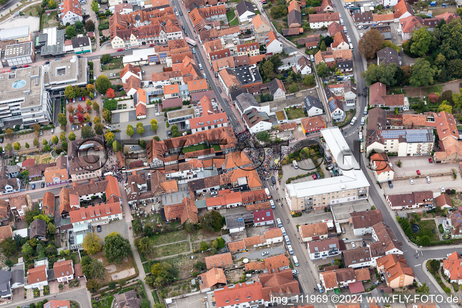 Bird's eye view of Demo "Women's Alliance Kandel" vs. "AntiFa/We are Kandel/Grandmas against the right in Kandel in the state Rhineland-Palatinate, Germany