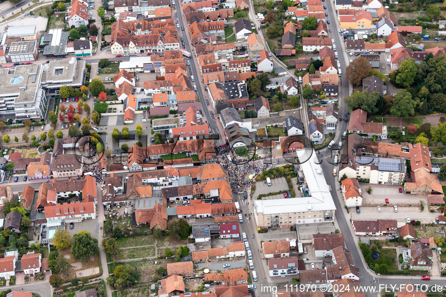 Demo "Women's Alliance Kandel" vs. "AntiFa/We are Kandel/Grandmas against the right in Kandel in the state Rhineland-Palatinate, Germany viewn from the air