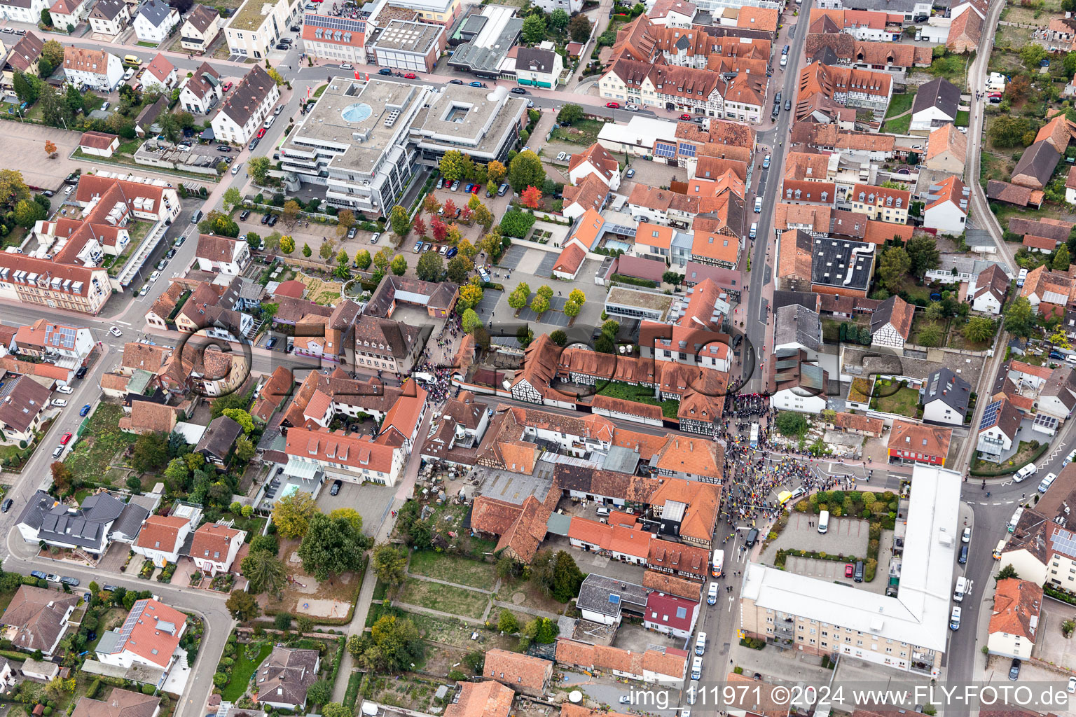 Drone recording of Demo "Women's Alliance Kandel" vs. "AntiFa/We are Kandel/Grandmas against the right in Kandel in the state Rhineland-Palatinate, Germany