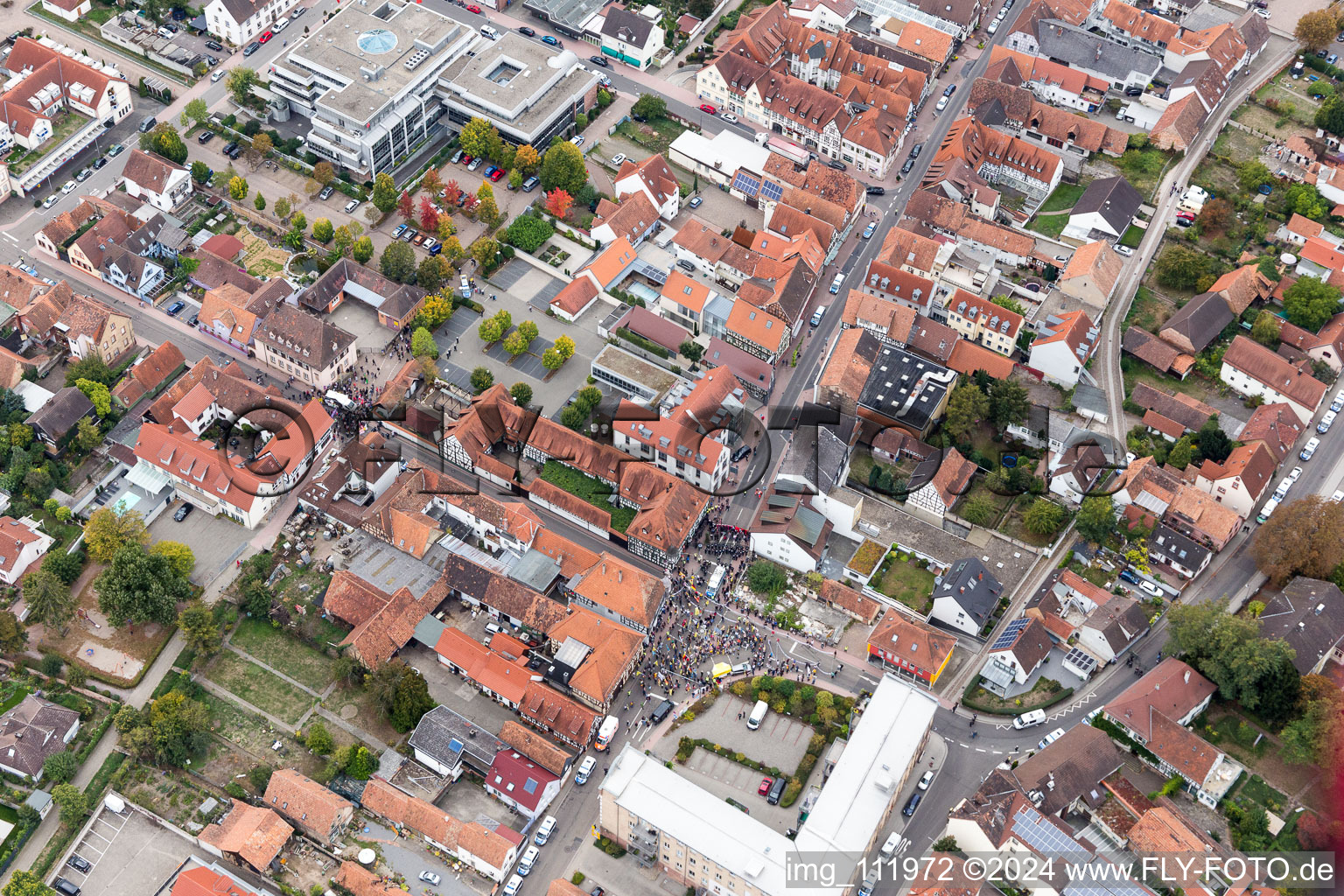 Drone image of Demo “Women’s Alliance Kandel” vs. “AntiFa/We are Kandel/Grandmas against the right in Kandel in the state Rhineland-Palatinate, Germany