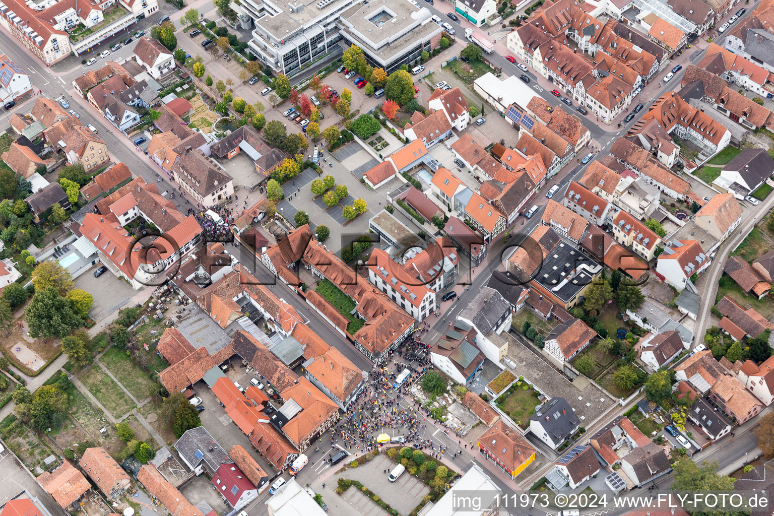 Demo “Women’s Alliance Kandel” vs. “AntiFa/We are Kandel/Grandmas against the right in Kandel in the state Rhineland-Palatinate, Germany from the drone perspective