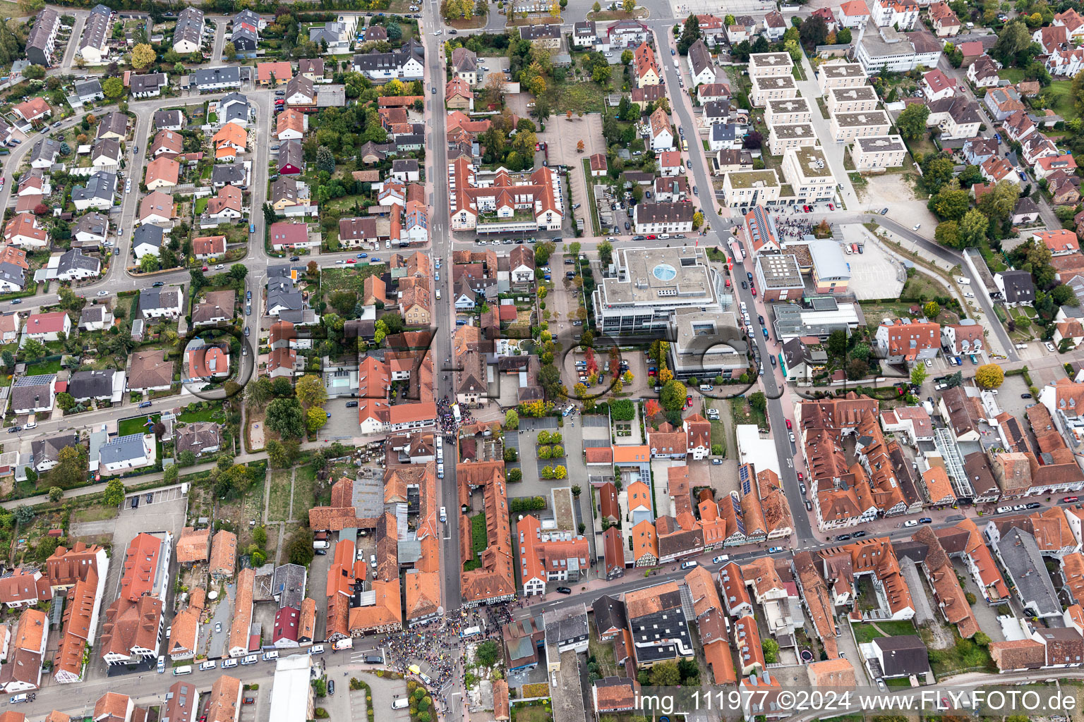 Aerial view of Demo "Women's Alliance Kandel" vs. "AntiFa/We are Kandel/Grandmas against the right in Kandel in the state Rhineland-Palatinate, Germany