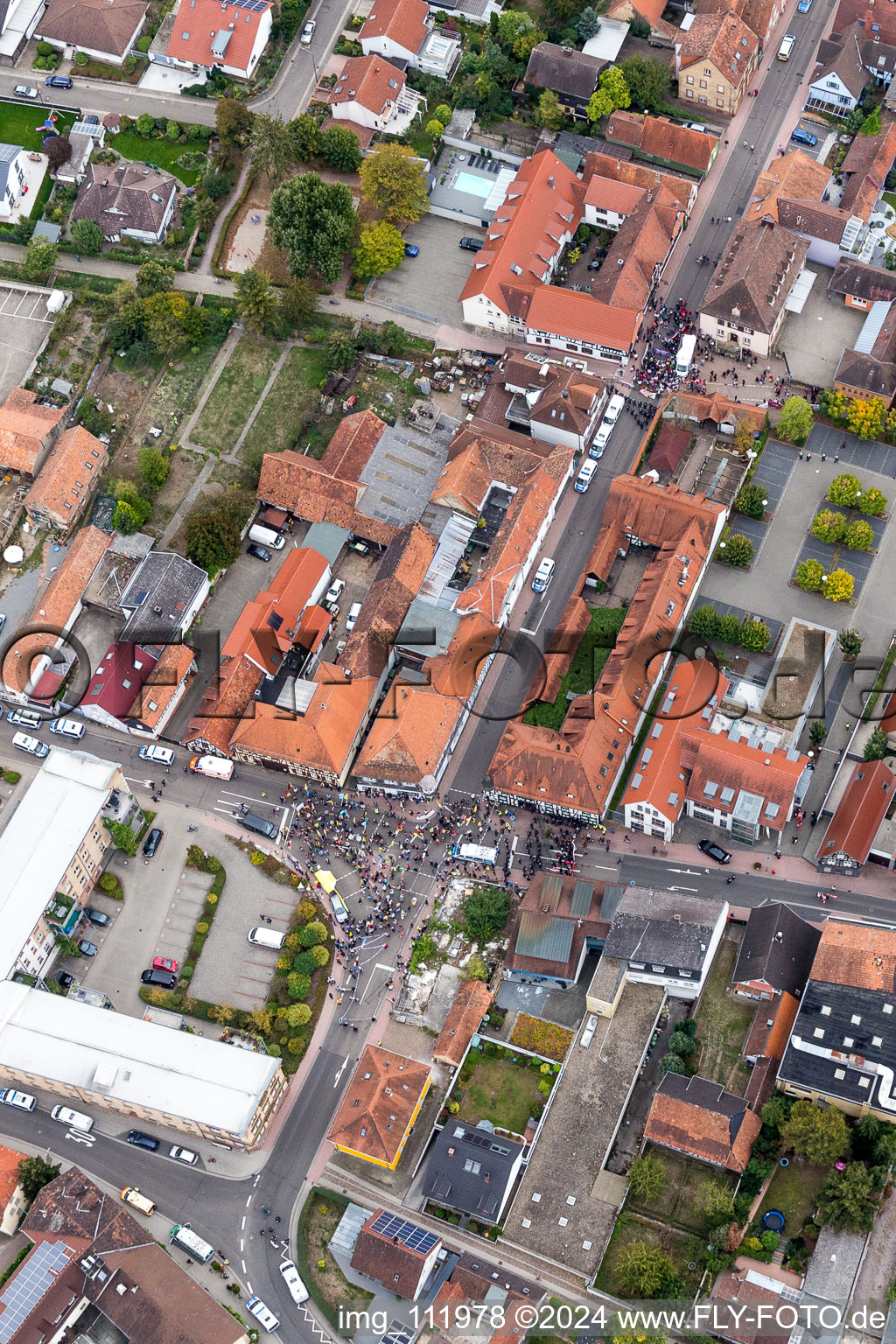 Aerial photograpy of Participant of a political protest demonstration "Frauenbuendnis Kandel" vs. "AntiFa/Wir sind Kandel/Omas gegen rechts" in Kandel in the state Rhineland-Palatinate, Germany