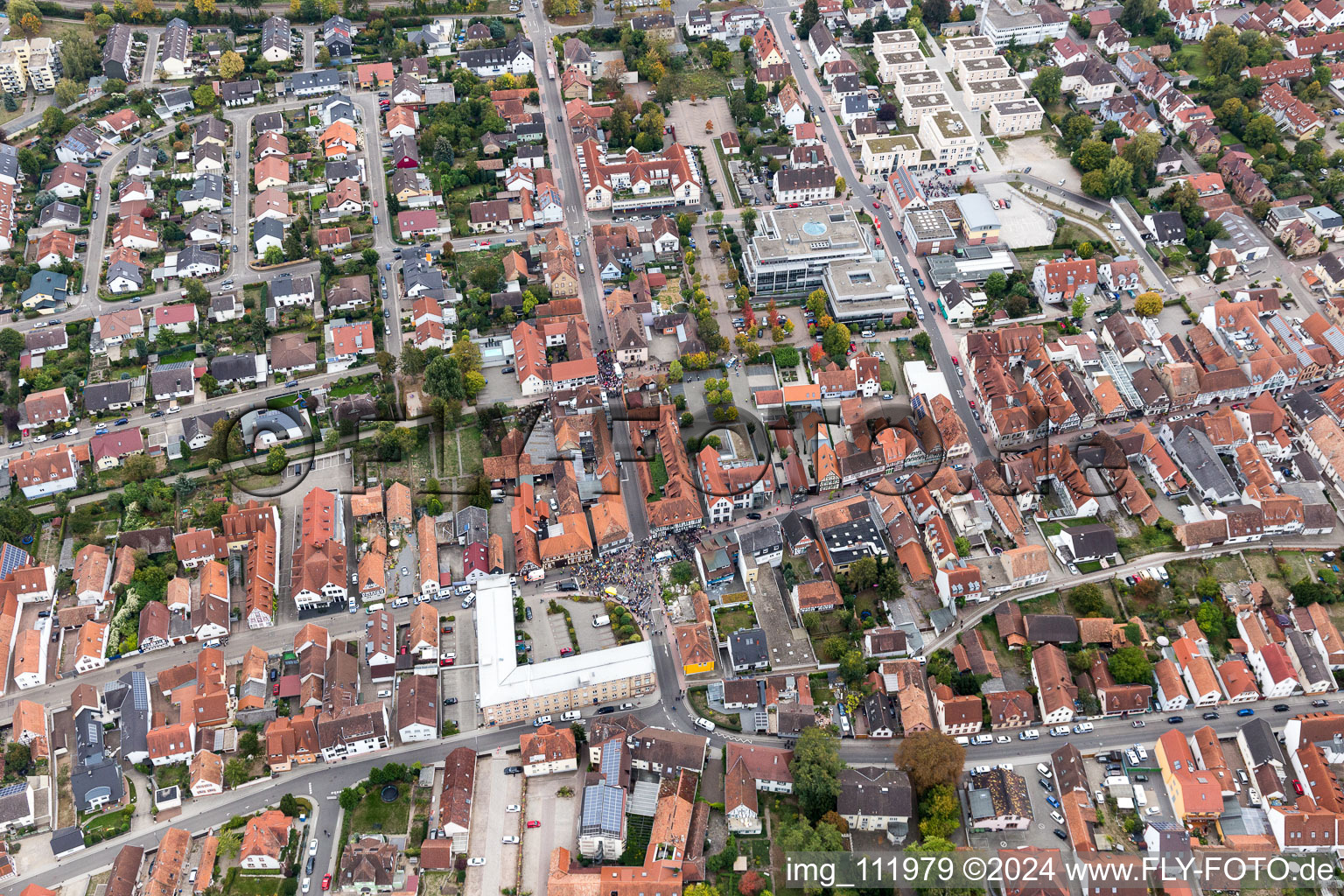 Aerial photograpy of Demo “Women’s Alliance Kandel” vs. “AntiFa/We are Kandel/Grandmas against the right in Kandel in the state Rhineland-Palatinate, Germany