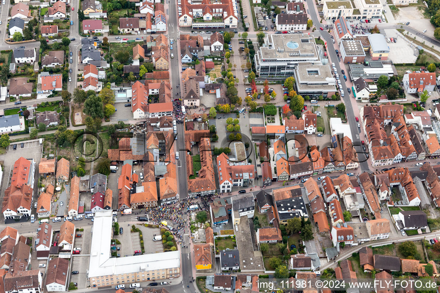 Demo "Women's Alliance Kandel" vs. "AntiFa/We are Kandel/Grandmas against the right in Kandel in the state Rhineland-Palatinate, Germany from above