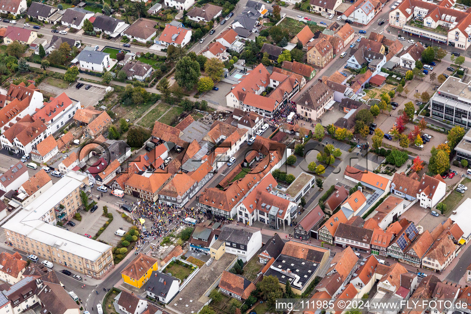 Bird's eye view of Demo “Women’s Alliance Kandel” vs. “AntiFa/We are Kandel/Grandmas against the right in Kandel in the state Rhineland-Palatinate, Germany